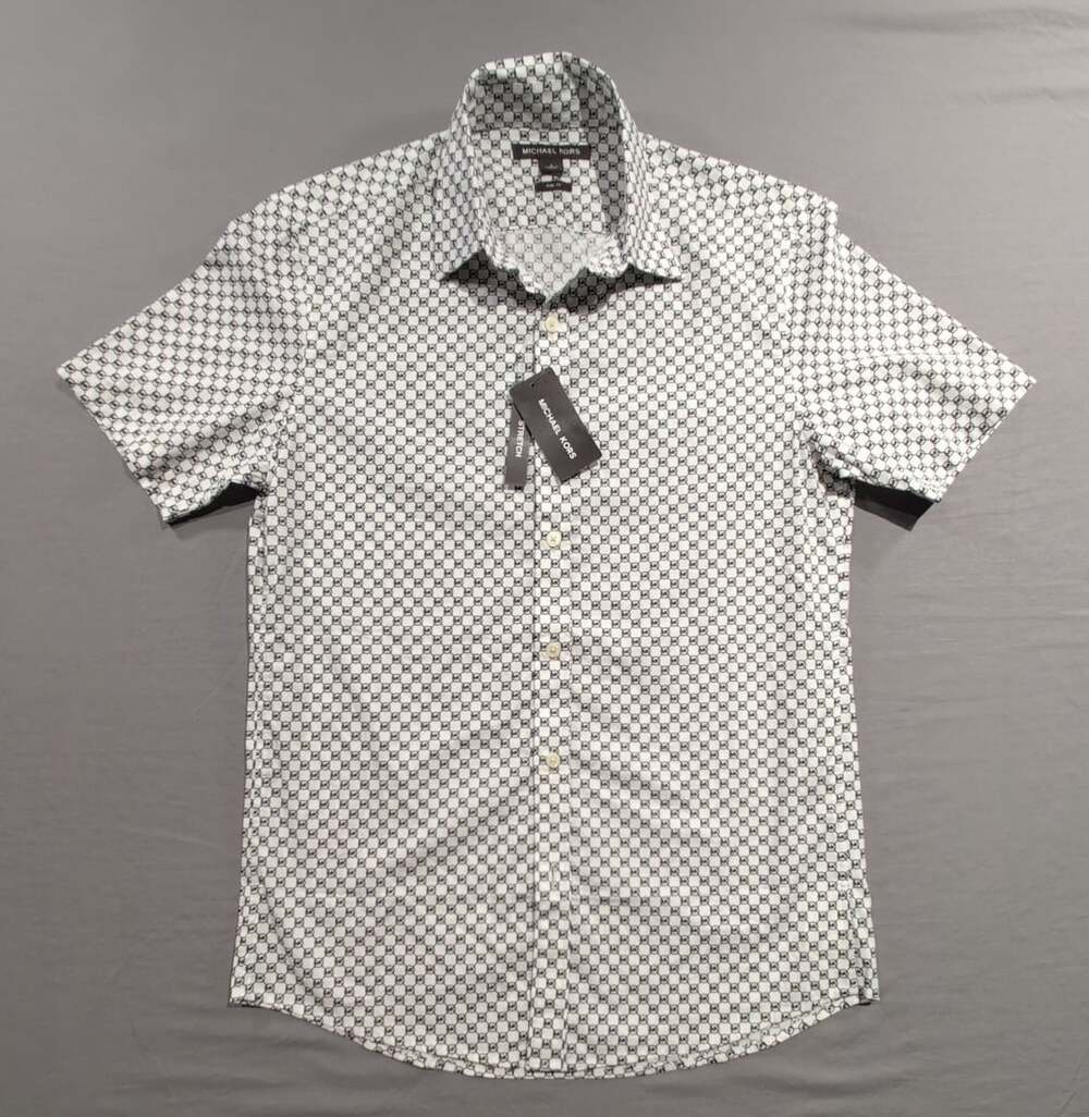 Michael Kors Designer Slim Fit Geometric Short Sleeve Shirt Size S White